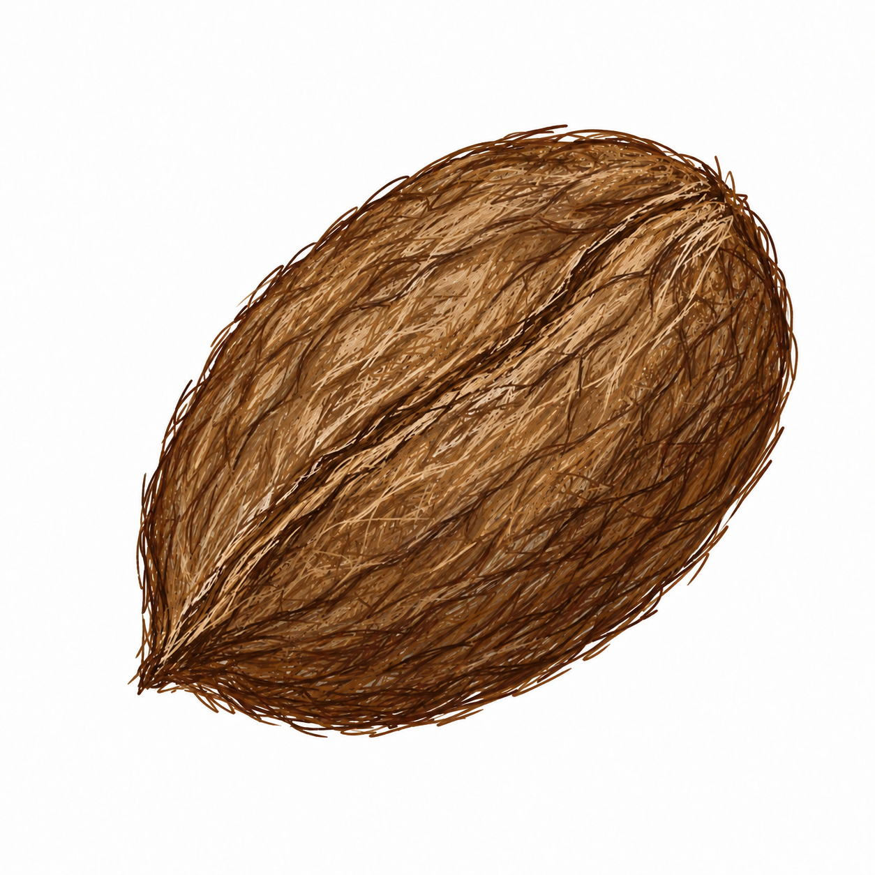 A brown seed drawn with fine pencil strokes